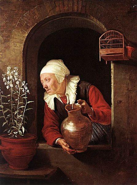 Gerard Dou Old Woman Watering Flowers oil painting image